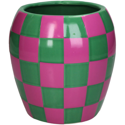 Pot de fleurs motif damier rose et vert inside déco