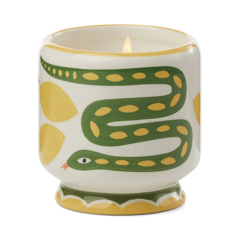 Pot céramique bougie parfumée iris Snake jaune et vert inside