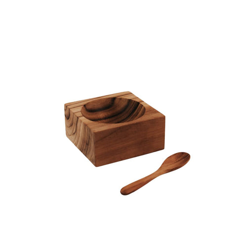 Pot sel carré en bois avec sa cuillère