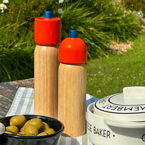 saliere poivrier Woodie Maegen bois orange detail bleu